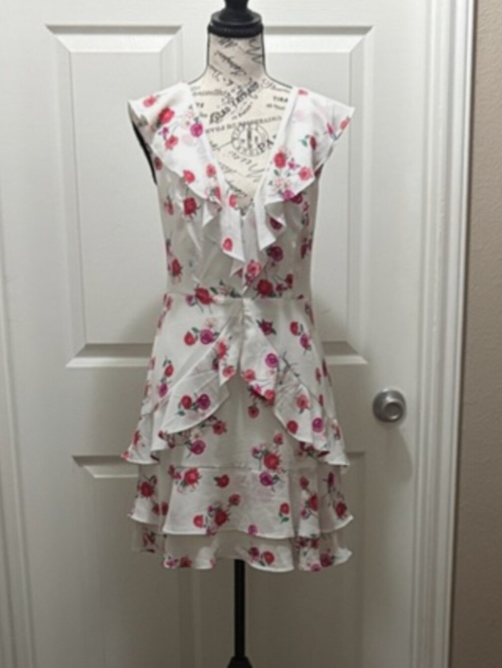 Floral Ruffle V-Neck Summer Dress - White with Pink Roses